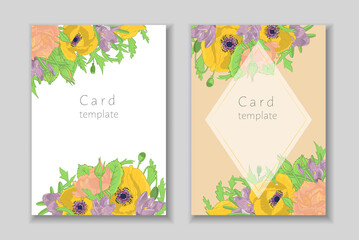 Set of rectangular frame with hand drawn crocus,poppy, rose flowers arrangement. Greeting card template. Vector