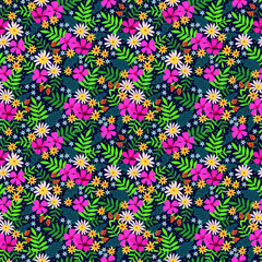 Cute floral pattern in the small flower. Ditsy print. Seamless vector texture. Elegant template for fashion prints. Printing with small colorful flowers. Dark blue background.