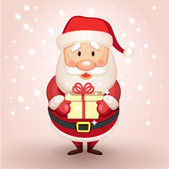 Cute Cartoon Santa Claus presents a gift, holding a gift in his hands. Christmas character perfect for children greeting card or christmas card. Vector illustration. EPS 10