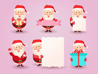 Collection of Christmas Santa Claus. Set of cartoon Santa with a gift, ribbon, card or paper banner in hands. Cute Santa Claus collection. Vector illustration.