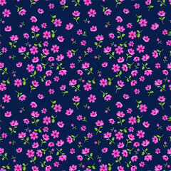 Cute floral pattern in the small flower. Ditsy print. Seamless vector texture. Elegant template for fashion prints. Printing with small pink flowers. Dark blue background.