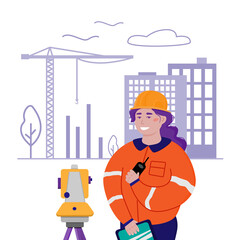 Surveyor woman working with theodolite outdoor on the background of building construction. Engineer girl with surveyor equipment. Smiling worker character. Vector illustration isolated on white.