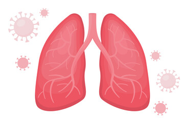 Flat vector illustration of healthy human lungs without viral pneumonia surrounded with covid. The danger is around. Stop coronavirus in your infected organs, close up view on virus cells, anatomy