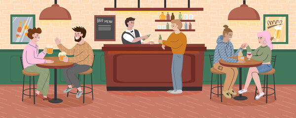 People sitting at the tables in a bar and drinking beer and wine. Women and men talking and smiling in a cafe. Youth having fun together in a pub.Smiling bartender pours drinks.Vector illustration