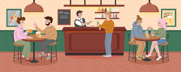 People sitting at the tables in a bar and drinking beer and wine. Women and men talking and smiling in a cafe. Youth having fun together in a pub.Smiling bartender pours drinks.Vector illustration