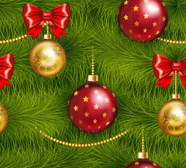 Realistic christmas tree seamless with traditional red and gold christmas ball, bow and others christmas decorations .