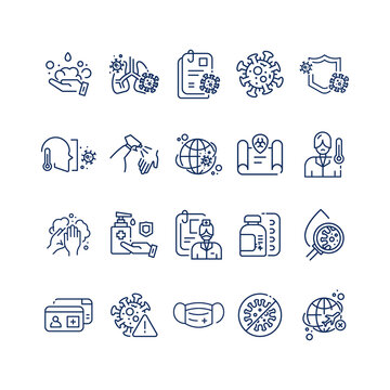 Simple Set of Coronavirus Protection Related Vector Line Icons. Contains such Icons as Protective Measures, Coronavirus Symptoms, Incubation Period and more. Editable Stroke. 