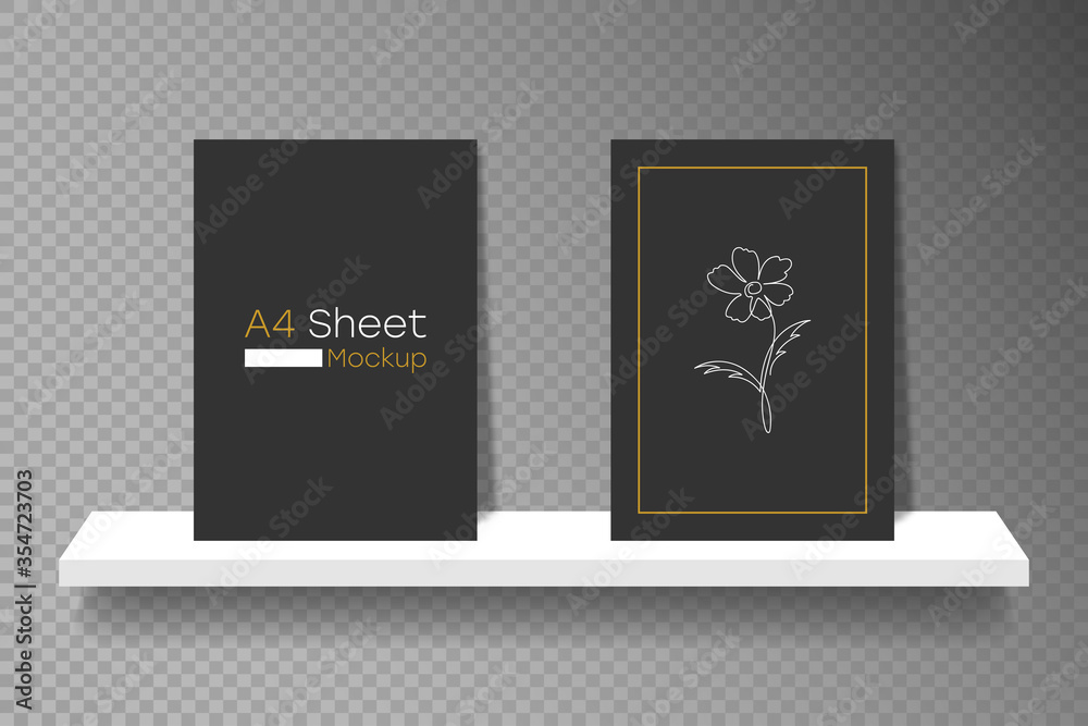 Aufkleber Shelf mockup for product presentation and A4 paper sheets for sample. Realistic 3d shop shelves for exhibition and advertising. Bookshelf with books with shadow on transparent background. Vector.