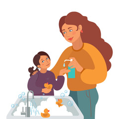 Mother washes the girls hands with liquid soap. Vector illustration mom and daughter. Wash your hands and be healthy