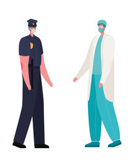 Isolated male doctor and police man with masks vector design