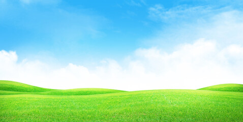 Green grass field and blue sky with bright sun summer landscape background