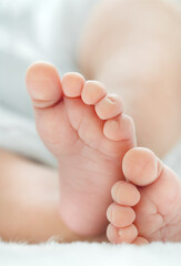 Newborn baby feet on white blanket closeup