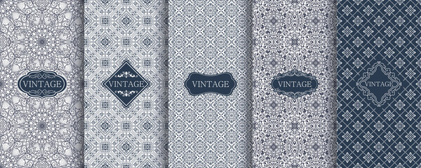 Set of Vintage seamless damask pattern. Template greeting card, invitation and advertising banner, brochure. Collection of design elements, labels, icon, frames for packaging, design of luxury product