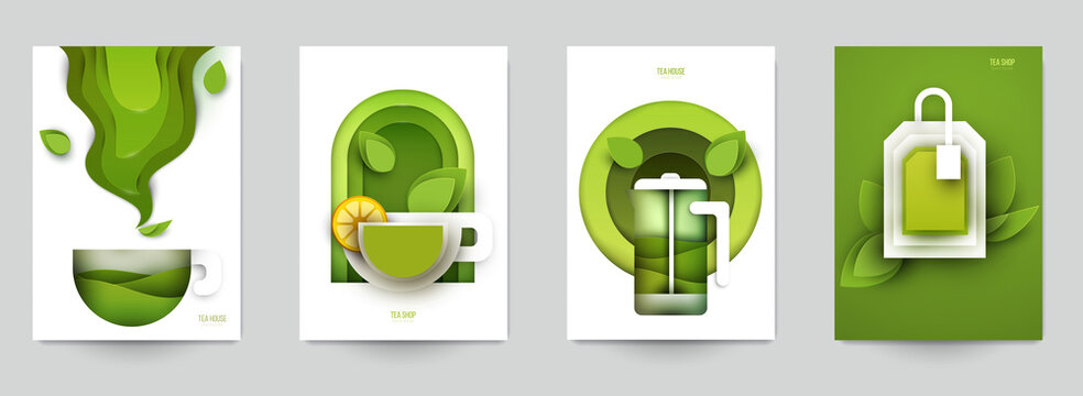 Collection colorful template cover for tea. Abstract art composition in modern geometric papercut style. Minialistic concept design for branding banner, flyer, book, menu, card. Vector illustration.