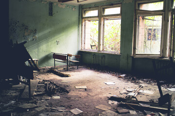 Room in the abandoned elementary school number 3 in Pripyat, Ukraine, site of the 1986 Chernobyl nuclear desaster  and center of the Chernobyl exclusion zone. 