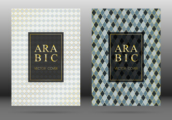Muslim pattern vector cover page layout design collection in arabic style mosaic in gold grid. Islamic background, moroccan, turkish, persian, ottoman pattern vector template. Oriental motifs.