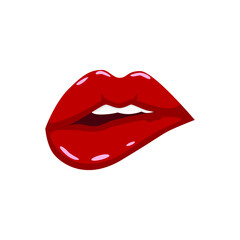 Red woman lips. Biting lips. Vector illustration.