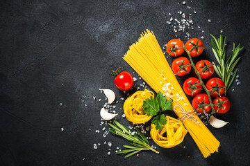 Food cooking background at black table top view.