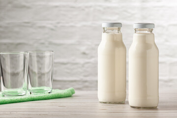Homemade kefir or yogurt with probiotics on a white background with copy space. Kefir Lose weight diet concept.