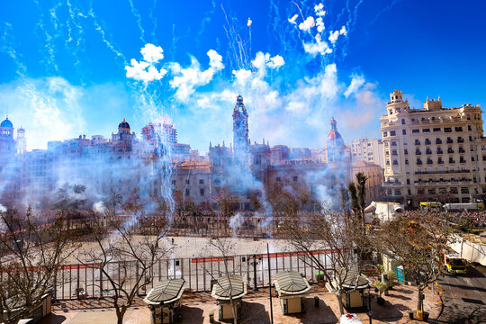 Masclet&aacute; during the Fallas of Valencia on the Town Hall Square (Pla&ccedil;a de l'Ajuntament). The fireworks festival has been named an immaterial Unesco world heritage. 