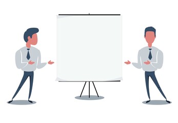 Portrait of young people are standing near blank, isolated on white background. Vector flat design illustration.