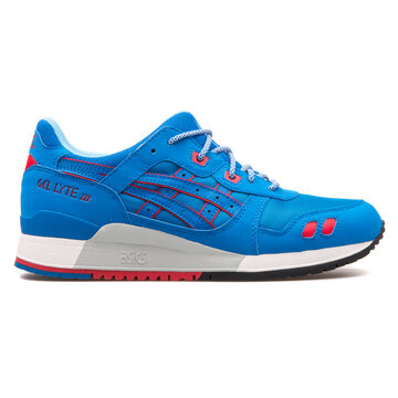 VIENNA, AUSTRIA - AUGUST 10, 2017: Asics Gel Lyte 3 blue and red sneaker on white background.