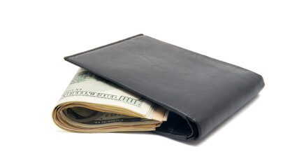 Purse with money on white background
