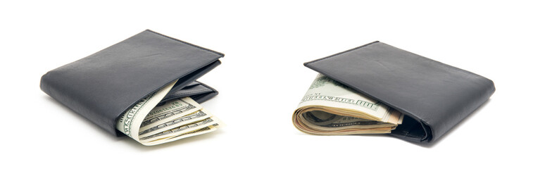 Purse with money on white background
