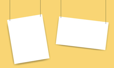 A4 paper sheets hanging on a rope. Mockup of isolated empty white cards. Paper gallery. Vector illustration on yellow background.