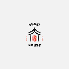 Sushi logo template. Japanese traditional cuisine, tasty food icon. asian sushi bar vector logo