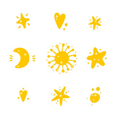 Vector Set of Cartoon doodle Sun, Moon (Crescent), Stars and Hearts
