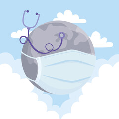 world with medical mask, save the planet protection against coronavirus covid 19, protect nature and ecology concept