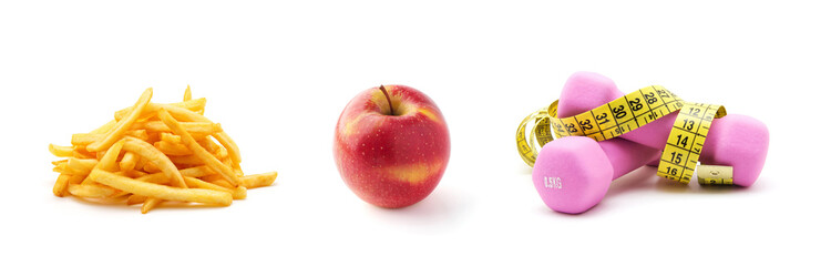 A set of elements on the theme of a healthy lifestyle, diet, exercise. Choose between fast food and healthy food. Potato fry, apple, centimeter tape, dumbbells.
