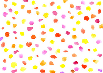 Illustration of watercolor spots, drops and dots in warm colors. Abstract children's background for fabric, textile, clothes.