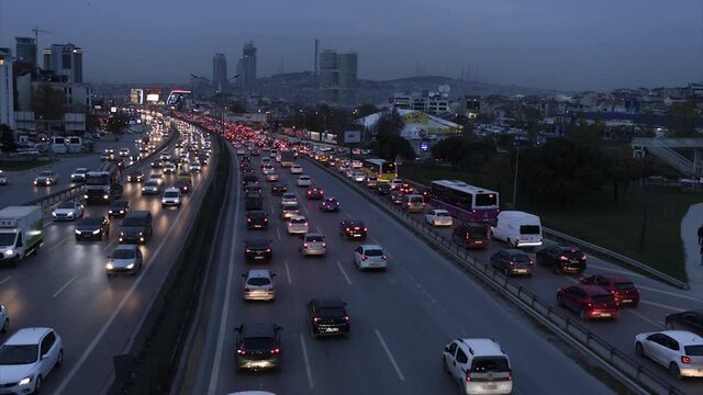 ISTANBUL - December 02, 2017 : Volume of night traffic and congestion in Istanbul. Goztepe and Kadikoy direction. TURKEY