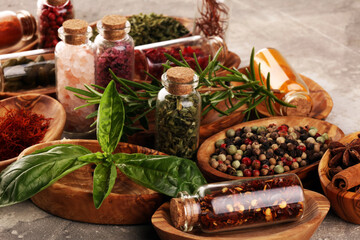 Spices and herbs on table. Food and organic cuisine ingredients.