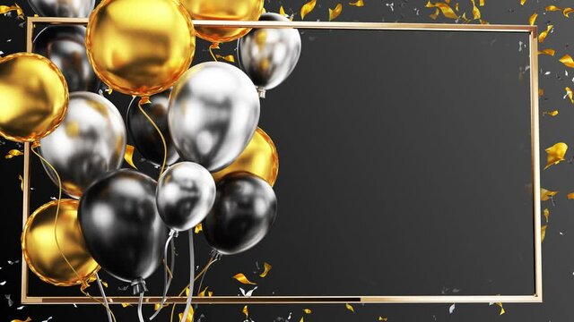 Birthday balloons with confetti. Invited card with golden frame. 3D render.	
