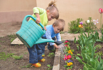 Brother and sister twins are helping in the garden with flowers in spring season. Girl keeping watering can and boy showing place for water. Happiness of childhood with work process.