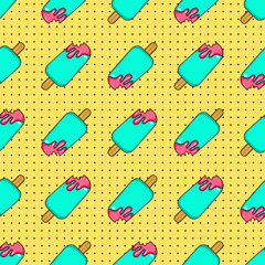 Ice-cream seamless on yellow dotted background . Sweet Street wear seamless texture. SWAG style, design. Print fabric vector pattern