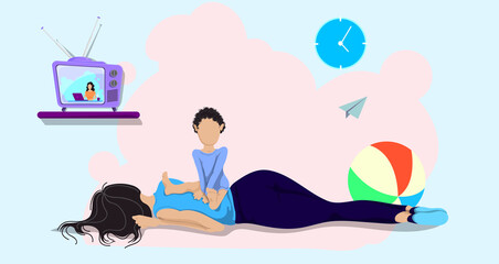 Vector illustration of a small boy sitting on a sleeping mother