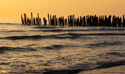 The remains of a wooden pier in the sea in the sunset