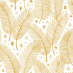 Golden Tropical Palm Tree Leaves with Geometric Shapes Vector Seamless Pattern. Palm Leaf Sketch with triangles, rhombuses and circles. Summer Floral Background. Tropical Plants Wallpaper
