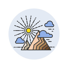 Mountains landscape with shining sun and clouds. The peaceful hill on the blue background. Vector nature illustration in icon style. Travel concept 