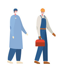 Isolated male doctor and constructer with masks vector design