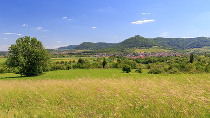 Neuffen mit der Burg Hohenneuffen im Sommer