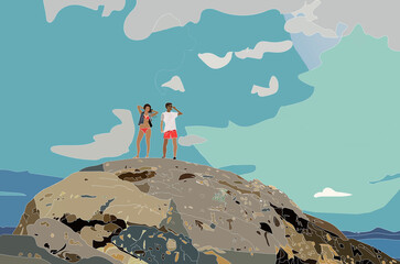 Kompozycja i ilustracja dwoje młodych ludzi na wakacjach stojących na wzgórzu na tle błękitnego nieba - obrazy, fototapety, plakaty
