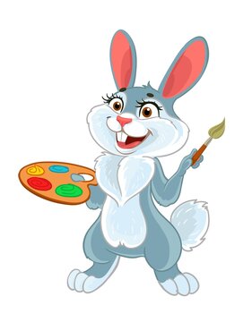 Cute cartoon bunny with a palette of colors and brush  isolated on a white background