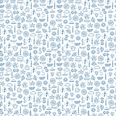 Idea Concept with Various Items Vector Seamless Pattern. Hand drawn doodle Random icons ands symbols objects Background
