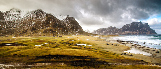 Dramatic landscape. Panoramic view of the Lofoten islands, Norway. Rocks on the coast