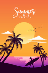 Tropical beach with palm trees and sunset in orange tone
